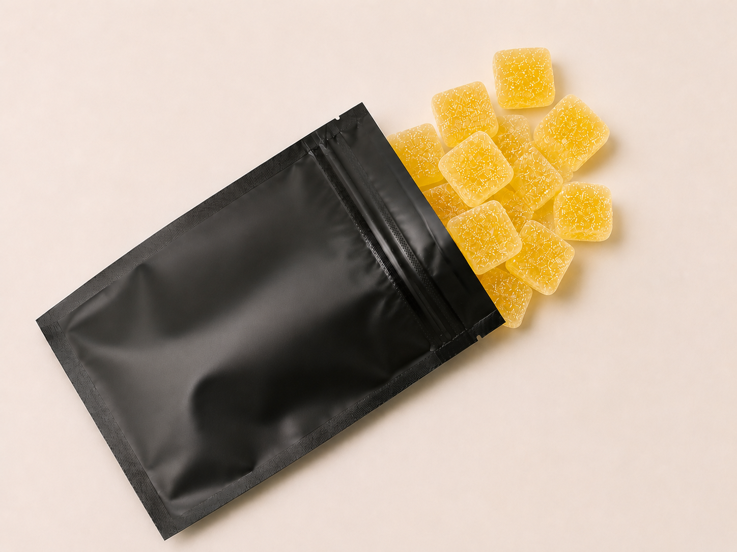 Black pouch with yellow square gummies spilling out